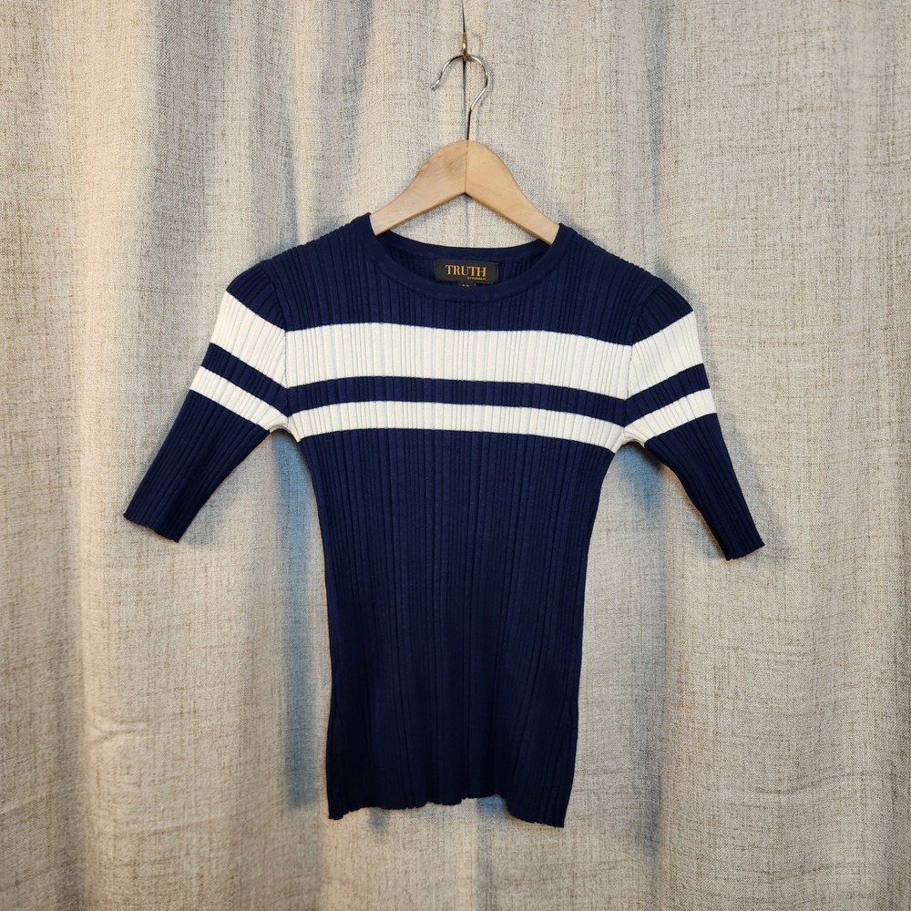 Truth By Republic 1/2 Sleeve Top Women S Blue/White Ribbed Fitted Casual Stripes
